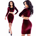 Women Sexy 2 piece Bandage Cropped Dress New Fashion 2016 Slim Bodycon Corduroy Wine Red Club