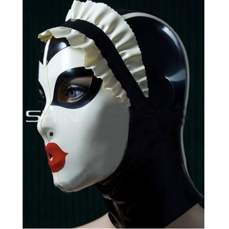 Latex Hood with Lace Forehead Maid Uniform Rubber Mask Cosplay Club Wear Costume