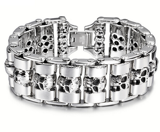 Stainless Steel Fashion Wide Skull Bracelet, 8.3 X 0.9 In