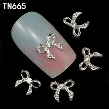 10pcs Alloy silver Glitter 3d Nail Bows Art Decorations with Rhinestones Alloy Nail Charms Jewelry on