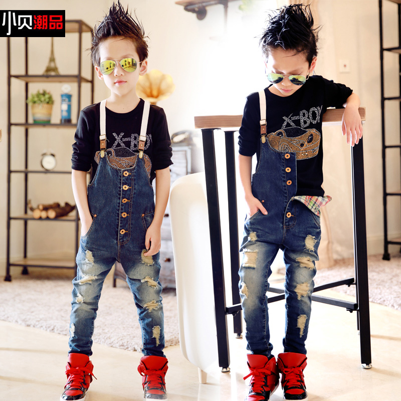 2015 autumn new in male child suspenders jeans pants boys child fashion make holes long trousers