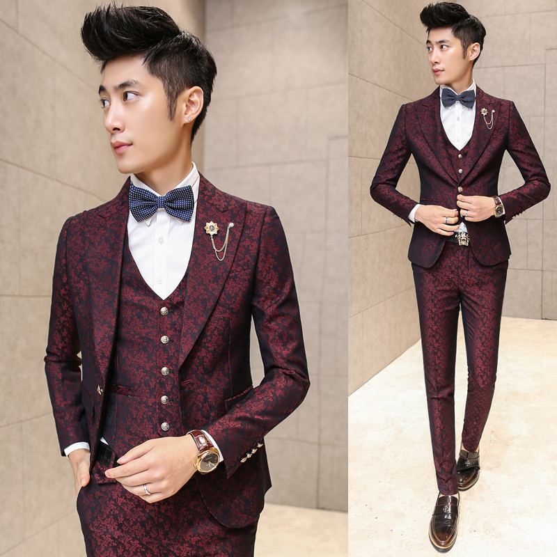 2016 red suit men's three-piece men leisure cultivate one's morality Suit the groom's wedding dress