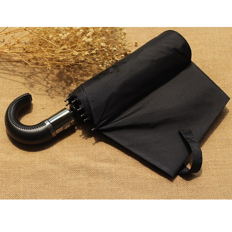 Кожаная ручка 10 ребра сильные автоматические зонты/ветрозащитные мужской черный три складной зонтик дождь