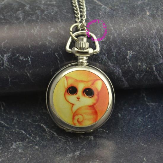 silver cute yellow cat chain pocket watch necklace wholesale buyer low price good quality lady girl