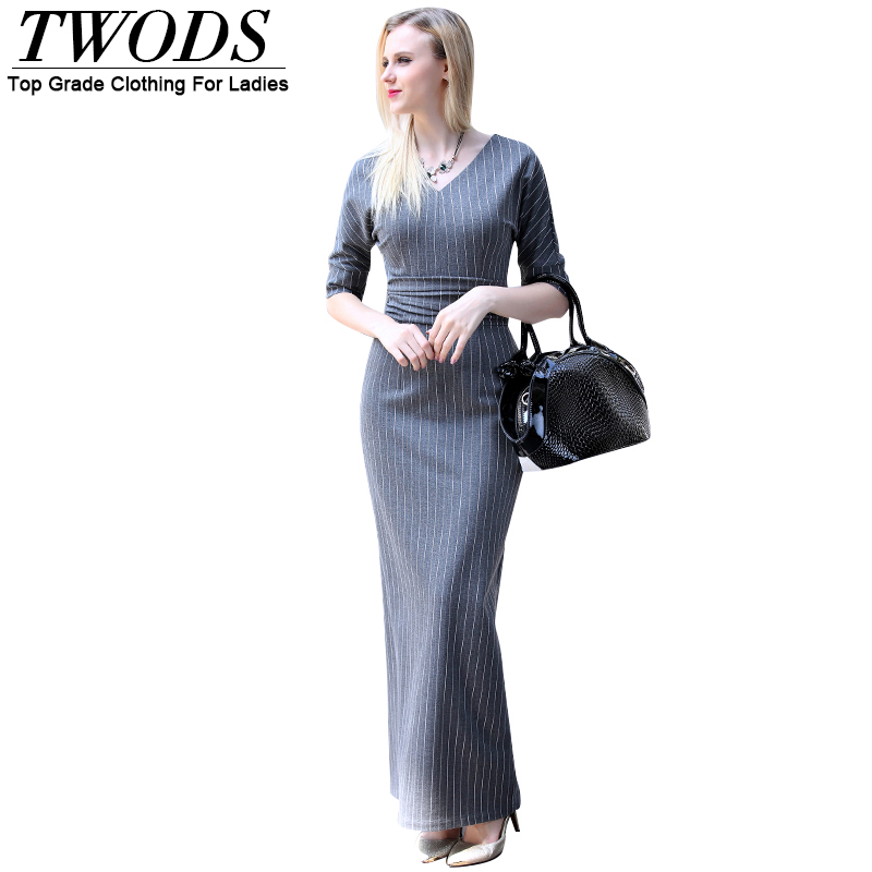 Twods 2016 New Fashion Women Back Split Pencil Dress Batwing Sleeve V-neck Maxi Long Ruched Waist Party Dresses Grey Striped