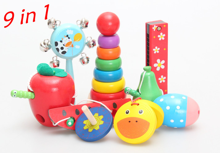 Toys paradise!New arrivel 9 in 1 Wooden Toys baby Rattle educational toys high quality kids gift 9pcs for set free shipping