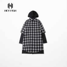 HEY FISH Hot Hip Hop Men Tartan Long Sleeve Shirts Fashion Plaid Extended Bieber Shirt Classic Kanye Brand Clothing Oversize