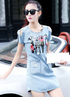 2015new fashion summer style hole denim cute middle/long hip dresses slim thin big yards women dress vestidos robe send necklace