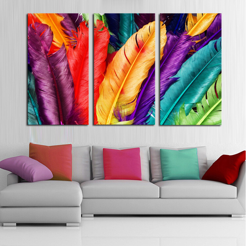 3 Piece Fresh Look Color Feather Modern Home Wall Decor Painting