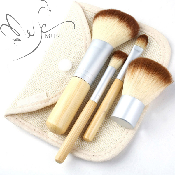 4PCS Makeup Brushes Bamboo Handle Professional Cosmetic Makeup Brush Sets Foundation Kabuki Maquiagem with Bag E