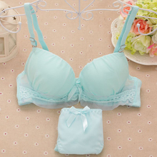 Solid color thin section 2016 summer girls lace lingerie small chest gather adjustable bra comfortable cotton underwear sets