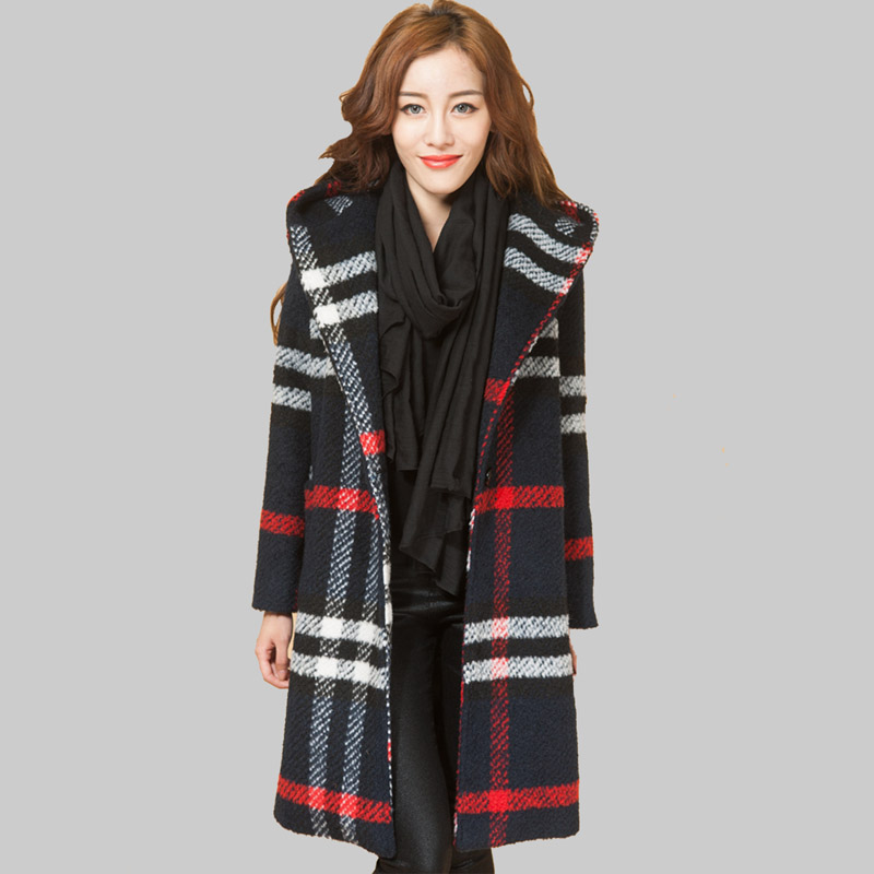 2016 Fashion Korean Hooded Loose Woolen Jacket Women Winter Woolen Coat  Fashion Plaid Plus Size XXXL Women Overcoat DQ880
