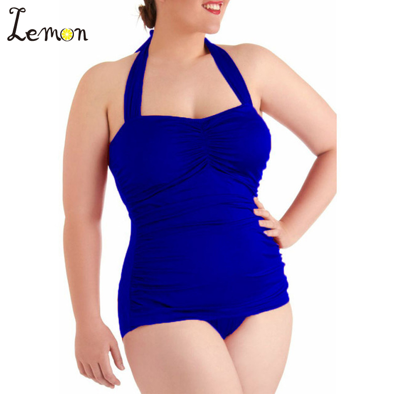 Lemon 2015 New Sexy Women Plus Size Swimsuit Retro Padded One Piece Solid Push Up Swimwear Size