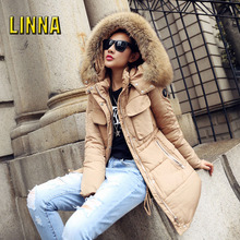 Winter Women Jacket Coat Real Large Raccoon Fur Collar Hooded Cotton Coat Thickening Casual Wadded Jackets Warm Woman Outwear
