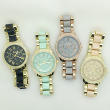 2015 High End Brand Geneva Watches Fashion Nice Woman Six Pin Metal Strap Wristwatch Quartz Big Dial Watch