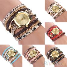 Women’s Leopard Wrap Braided Faux Leather Analog Quartz Bracelet Wrist Watch