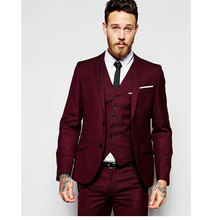 2016 New Design Men Wedding Suits Groom Formal Dress Tow Buttons Burgundy Tuxedo Jacket Men Suit 3 Pieces Costume Homme