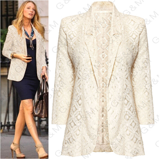 Fashion New Fall & Winter Women's White Slim Lace Coat Three Quarter Sleeve Suit Notched V-Neck Sexy Ladys Brand Female Overcoat