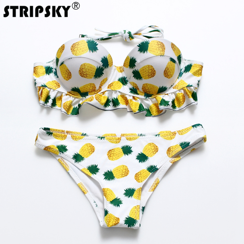 2016 Sexy Cool Women Lady Print Push Up Bikini Set Superfly Swimsuit Bottoms Vintage Pineapple Swimwear