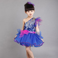 Free Shipping Children Girls Dancing Dress Party Stage Performace Costumes One Shoulder Sequins Tulle Princess Dress