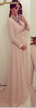 Elegant Long Plus Size Champagne V Neck Long Sleeve Bow Empire Court Train Chiffon Maternity Evening