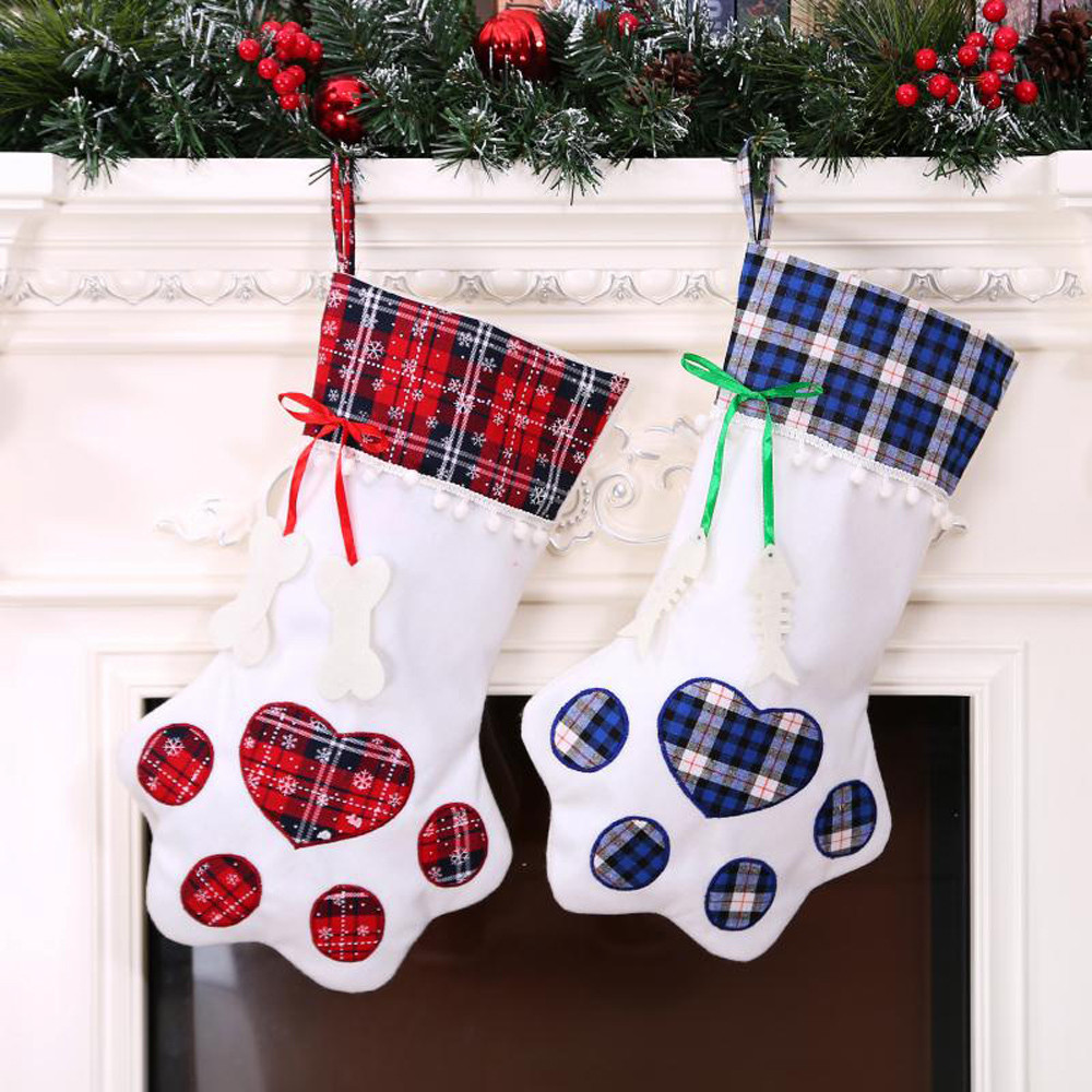 New Christmas Stocking Plaid Christmas Gift Bags Pet Dog Cat Paw Socks Xmas Tree 