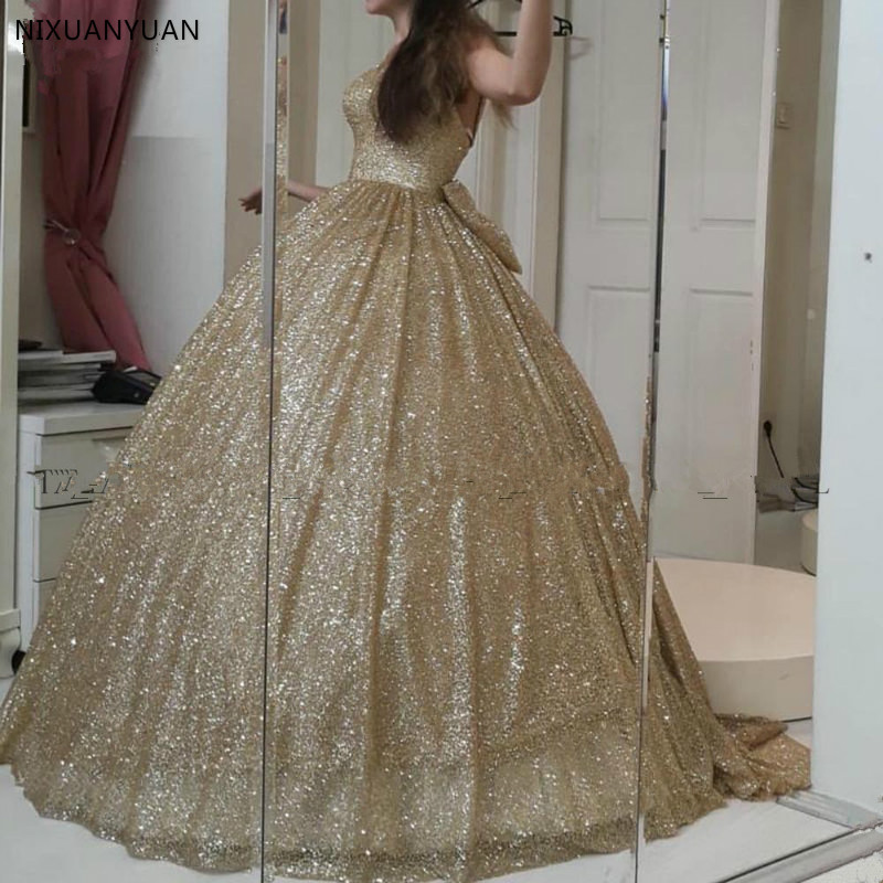 gold glitter quinceanera dress