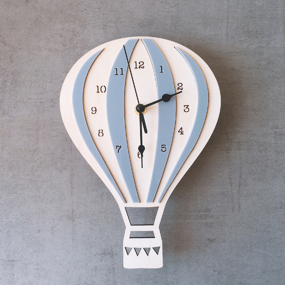 Nordic Hot Air Balloon Shape Wooden Mute Wall Clock Kids Bedroom Home Decor Gift