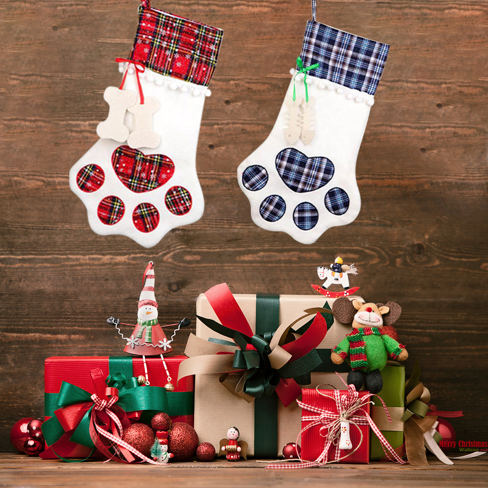 Pet Cat Dog Christmas Stocking Large Paw Stocking Gift Bag Xmas New Year Hanging