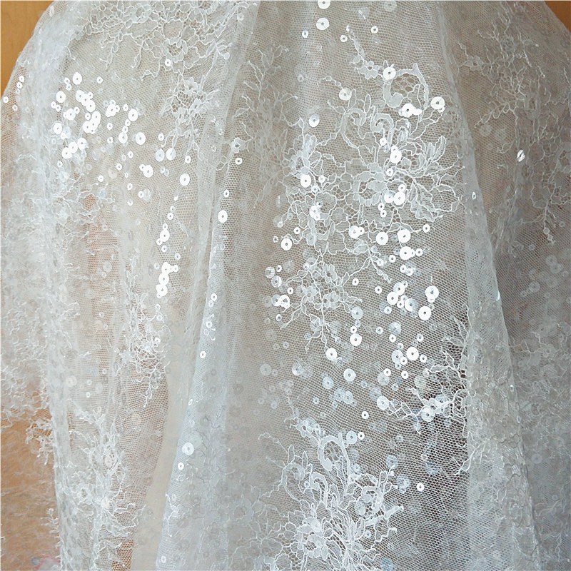 Description Picture 5 of item1Yard New French Sequined Lace Fabric Border Embroidery Flower Wedding Dress DIY Sewing Accessories RS2507