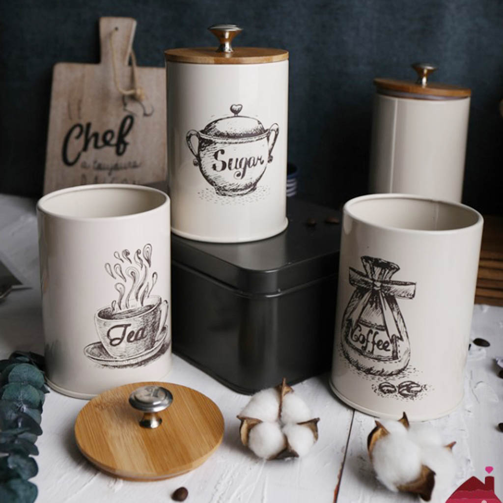 3PC Tea Conical Shaped Metal Kitchen Storage Canisters with Bamboo Lids Cream Sugar & Coffee Canister Set 3PC Tea Conical Shaped Metal Kitchen Storage Canisters with Bamboo Lids Cream Sugar & Coffee Canister Set