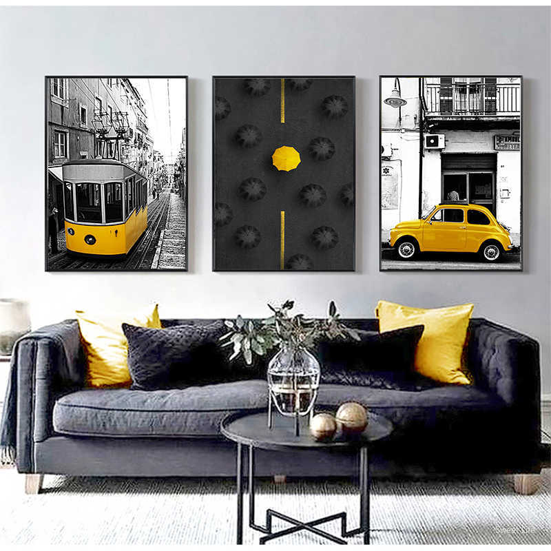 Gelb Bus Regenschirm Schwarz Und Weiss Moderne Stil Leinwand Wand Kunst Poster Druckt Leinwand Malerei Nordic Wohnzimmer Wohnkultur Malerei Und Kalligraphie Aliexpress