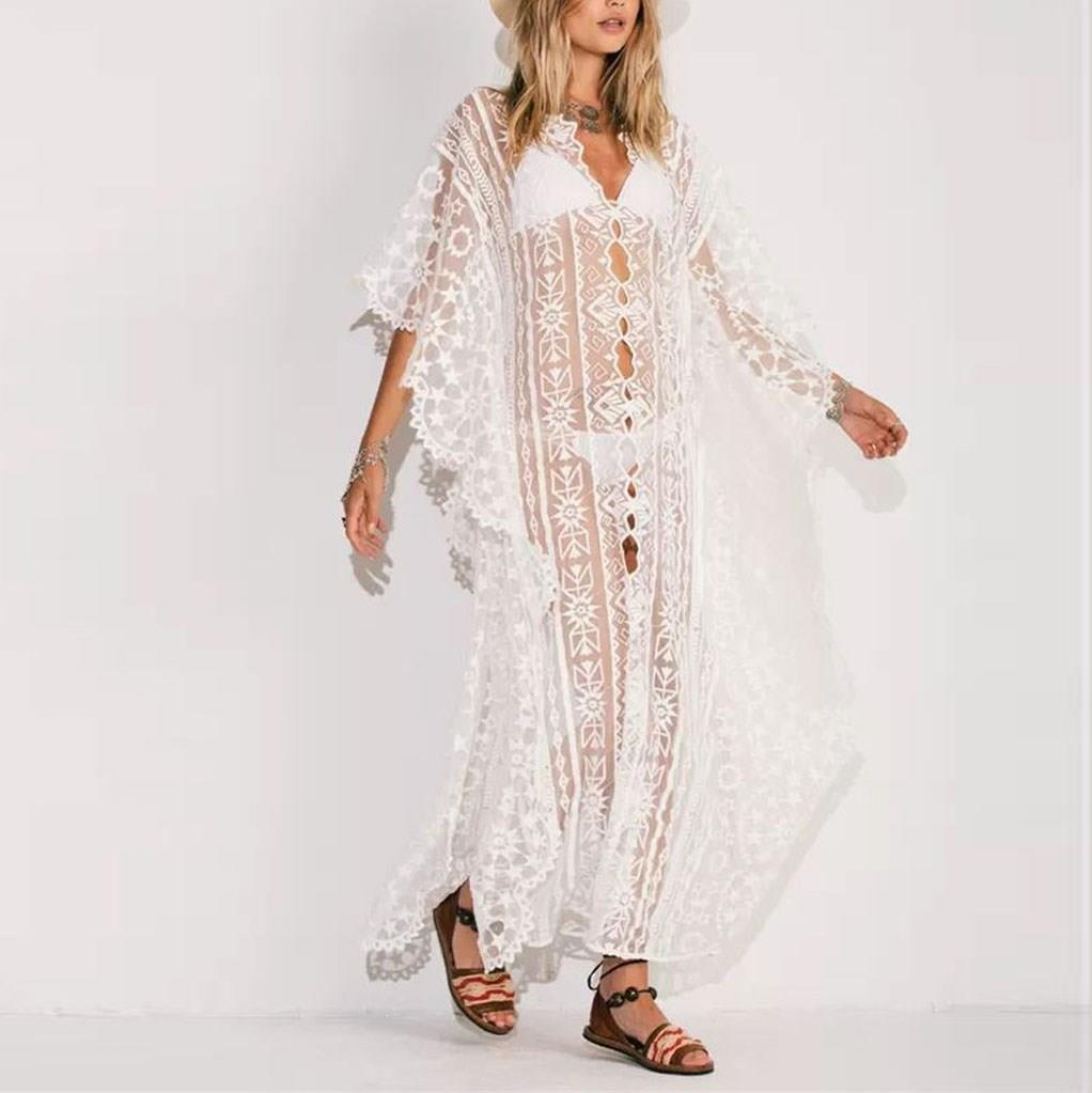 women long beach lace dress white casual maxi dress o-neck solid