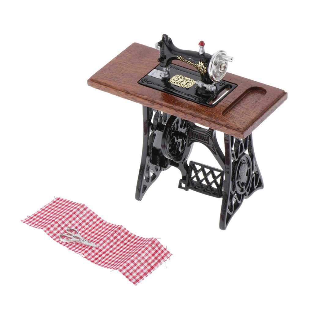 Vintage Miniature Sewing Machine With Cloth for 1/12 Scale Dollhouse Decora Y5M3 
