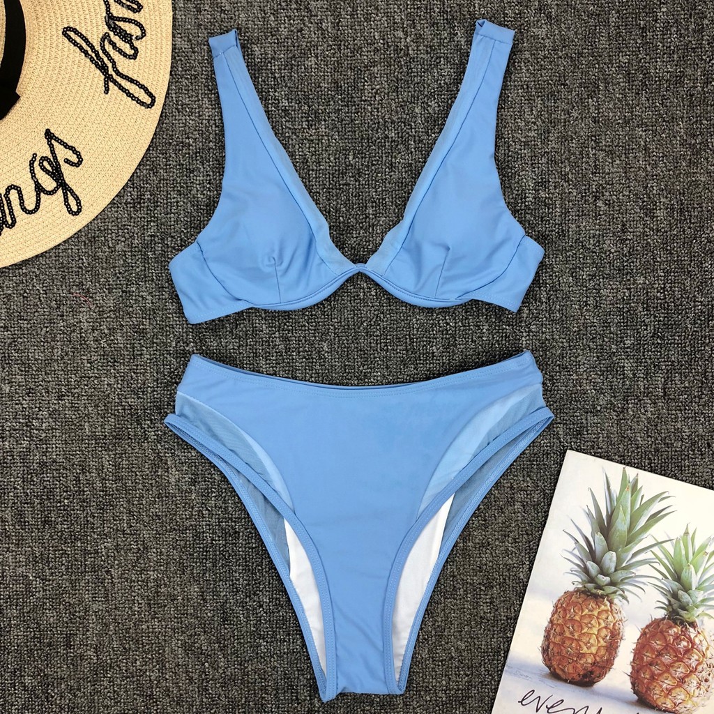 Women Solid Color Push Up Bra Bikini Set Beach Swimsuit Sheer Split