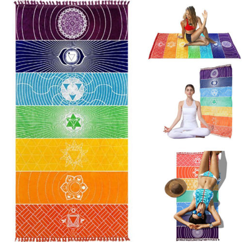Description Picture 4 of itemWomen Yoga Mat Bohemia India Mandala Blanket 7 Chakra Rainbow Stripes Tapestry Beach Mats For Women Throw Towel Travel Yoga Mat