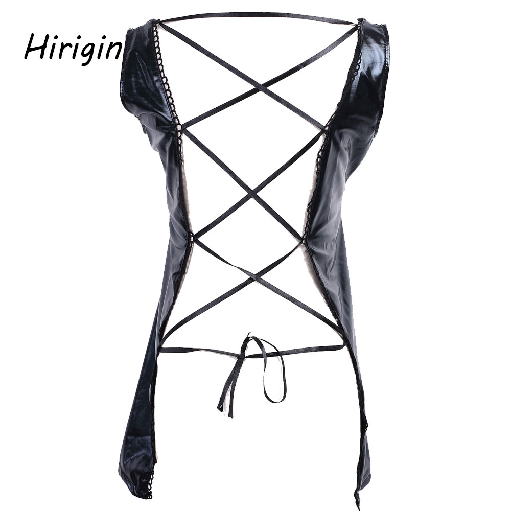 Sexy Faux Leather Bodycon Mini Dress Black Erotic Back Bondage Short