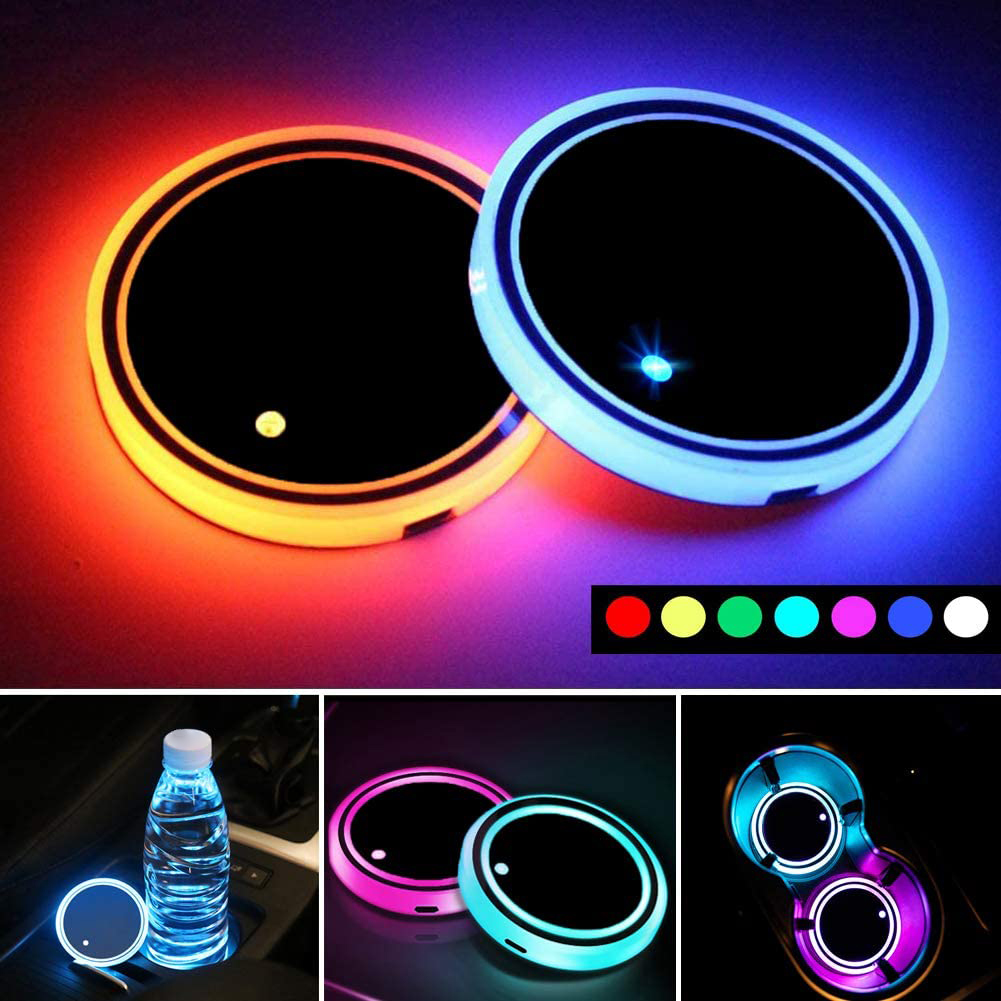 MASO 2x Colorful LED Car Cup Holder Pad Mat With Waterproof Bottle Drinks Coaster Built-in Lamp Mini USB Rechargeable Car Interior Atmosphere Light LED Cup Holder Light with remote control