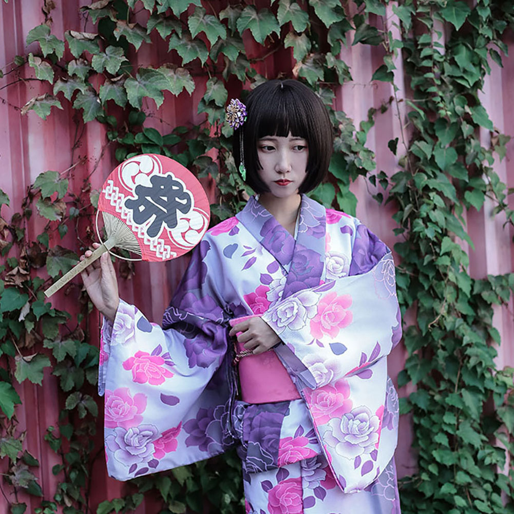 Japanese Woman Kimono Yukata Pre-tied Obi Geta Set Bonheur Saisons Light Purple 