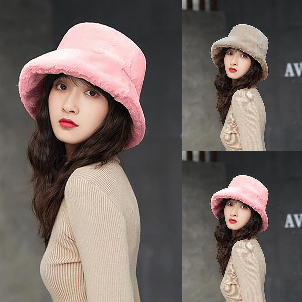 huwaioury Women Winter Faux Wool Bucket Hat Solid Color Plush Warm Wide Brim Panama Cap