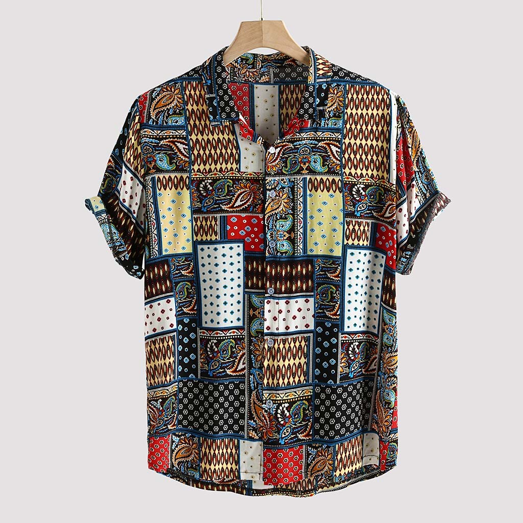 Yajiemen Mens Ethnic Printed Stand Collar Colorful Stripe Short Sleeve Loose Shirt
