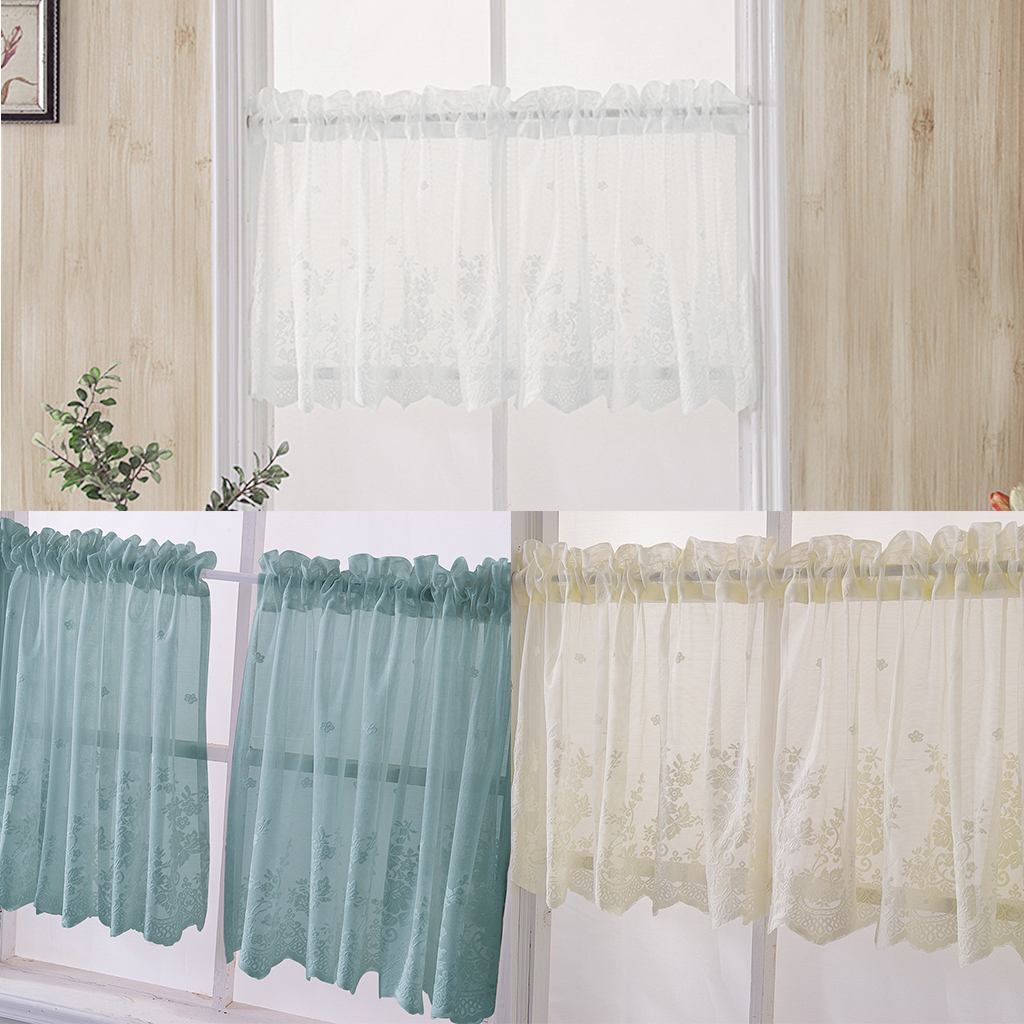 Floral Embroidered Short Half Curtains Window Tiers Sheer Voile for Cafe 