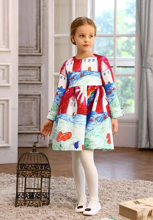 WL MONSOON   Baby Girls Dress Princess 2015 Brand Kids Dresses for Girls Clothes Character Print Silk Girls Dresses Children
