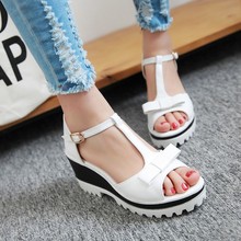 2016 summer Women shoes buckle strap Splice color Wedges platforms Soft leather Bowtie Simple sandals big size 33-43 T301