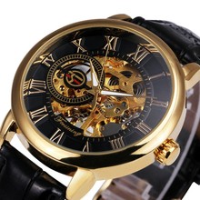 Fashion 3d Logo Design Hollow Engraving Black Gold Case Leather Skeleton Mechanical Watches Men Luxury Brand Heren