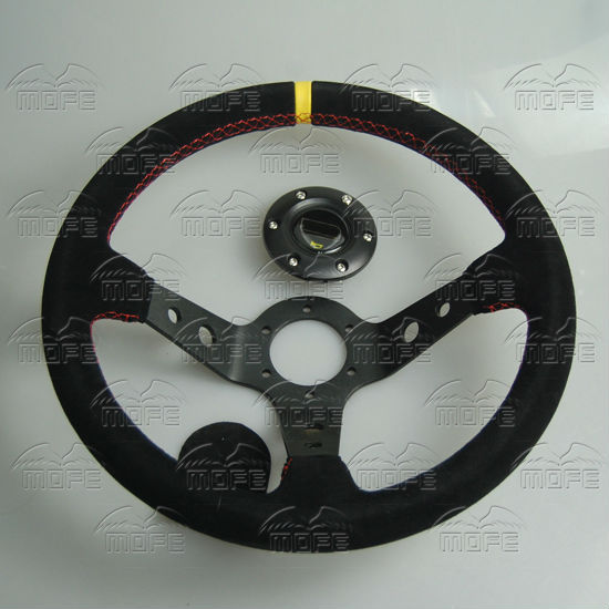 350mm Aluminum 3 Black Spokes Suede Deep Dish OMP Steering Wheel Red Stitch DSC_0999