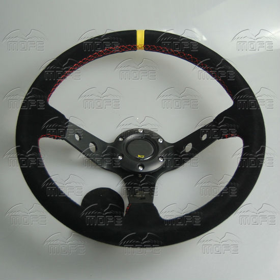 350mm Aluminum 3 Black Spokes Suede Deep Dish OMP Steering Wheel Red Stitch DSC_0997